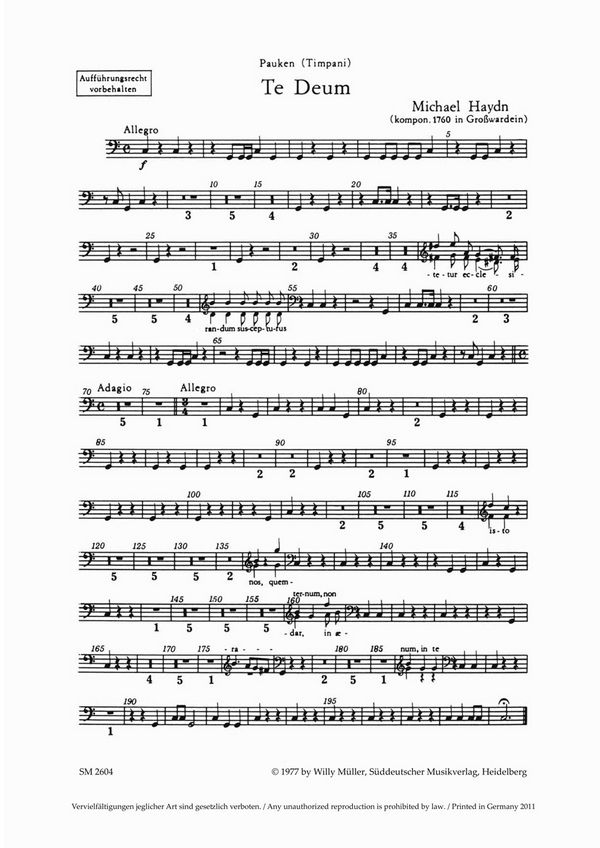 TE DEUM FUER GEM CHOR, 2 VL,&nbsp;&nbsp;2 TRP, PK UND ORGEL   PAUKE&nbsp;&nbsp;