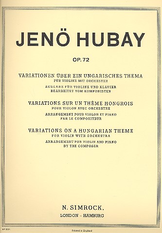 Variationen über ein ungarisches Thema op.72  für Violine und Orchester  für Violine und Klavier