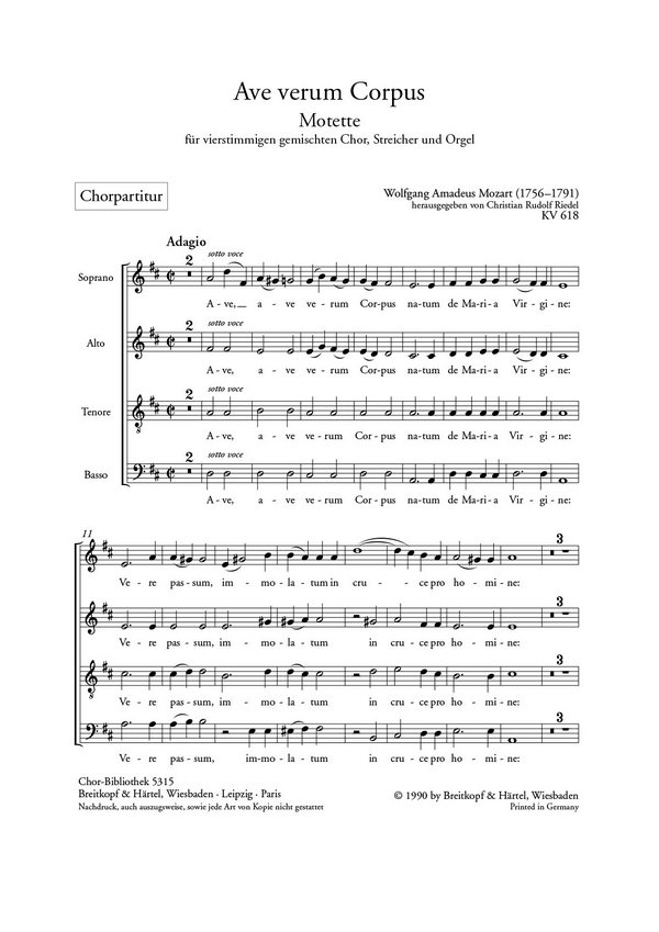 Ave verum corpus KV618&nbsp;&nbsp;für gem Chor, Streicher und Orgel&nbsp;&nbsp;Chorpartitur