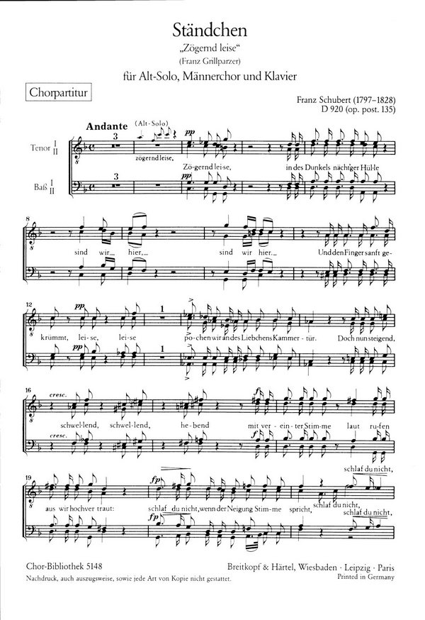 Ständchen D920&nbsp;&nbsp;für Alt, Männerchor und Klavier&nbsp;&nbsp;Chorpartitur