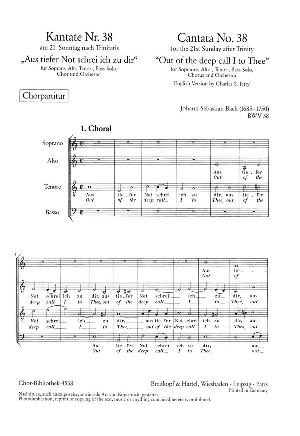 Aus tiefster Not schrei ich zu dir - Kantate Nr.38 BWV38&nbsp;&nbsp;für Soli, gem Chor und Orchester&nbsp;&nbsp;Chorpartitur