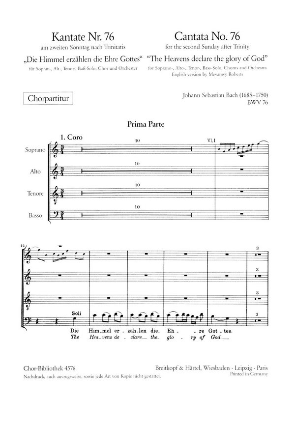Die Himmel erzählen die Ehre Gottes - Kantate Nr.76 BWV 76&nbsp;&nbsp;für Soli, gem Chor und Orchester&nbsp;&nbsp;Chorpartitur