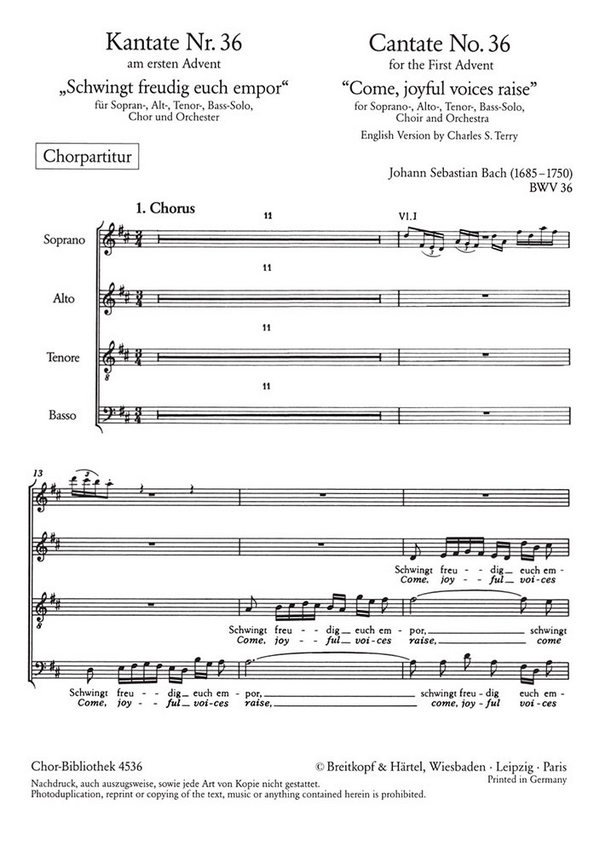 Schwingt freudig euch empor - Kantate Nr.36 BWV36&nbsp;&nbsp;für Soli, gem Chor und Orchester&nbsp;&nbsp;Chorpartitur