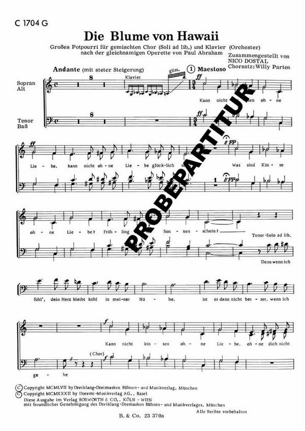 Blume von Hawaii grosses Potpourri  für gem Chor und Klavier  Chorpartitur