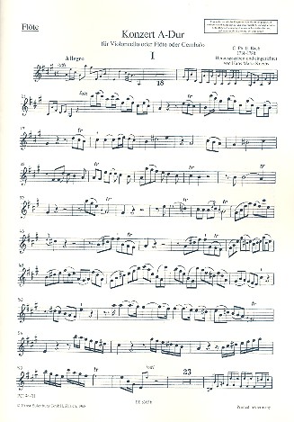 Konzert A-Dur  für Flöte (Violoncello, Cembalo) und Streichorchester  Flöte solo