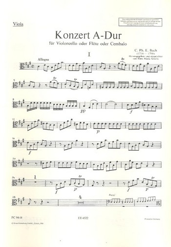 Konzert A-Dur  für Flöte (Violoncello, Cembalo) und Streichorchester  Viola