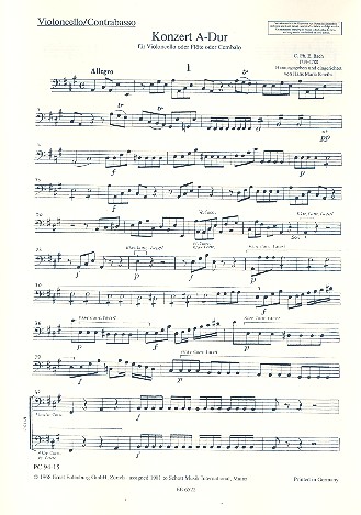 Konzert A-Dur  für Flöte (Violoncello, Cembalo) und Streichorchester  Cello/Bass
