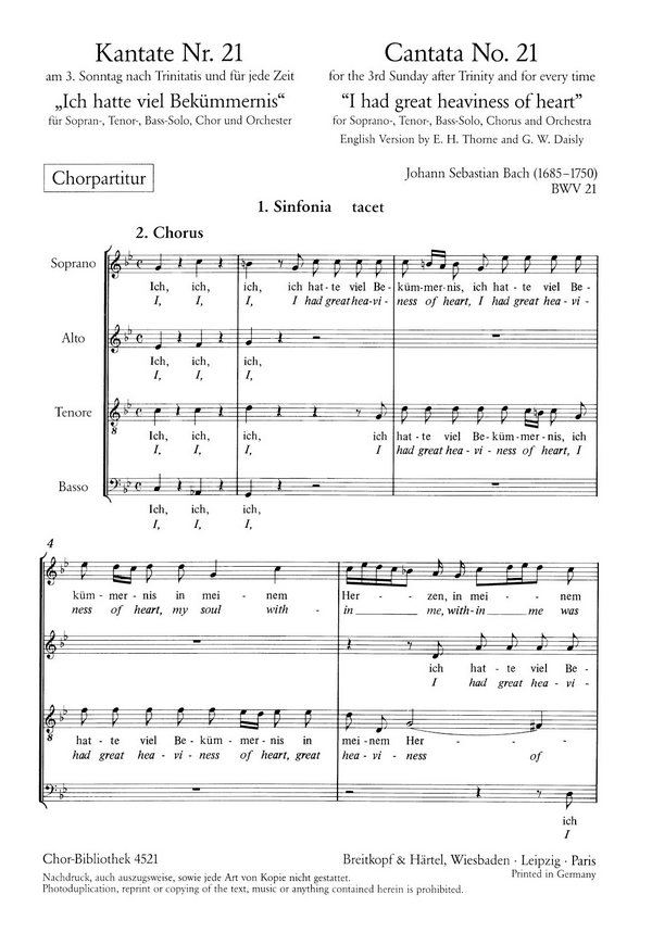 Ich hatte viel Bekümmernis - Kantate Nr.21 BWV21&nbsp;&nbsp;für Soli, gem Chor und Orchester&nbsp;&nbsp;Chorpartitur
