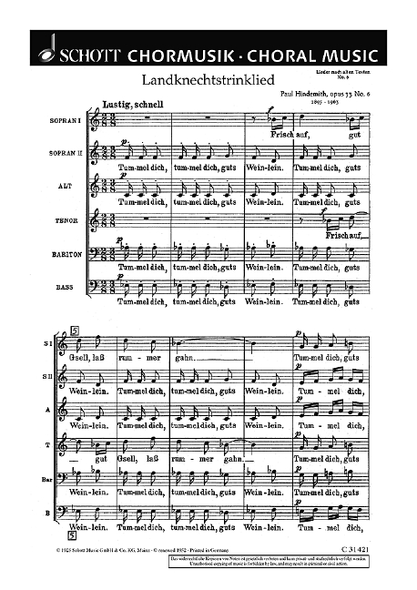Lieder nach alten Texten op. 33  für gemischten Chor (SSATBB)  Chorpartitur