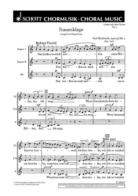 Lieder nach alten Texten op. 33  für gemischten Chor (SSATB)  Chorpartitur