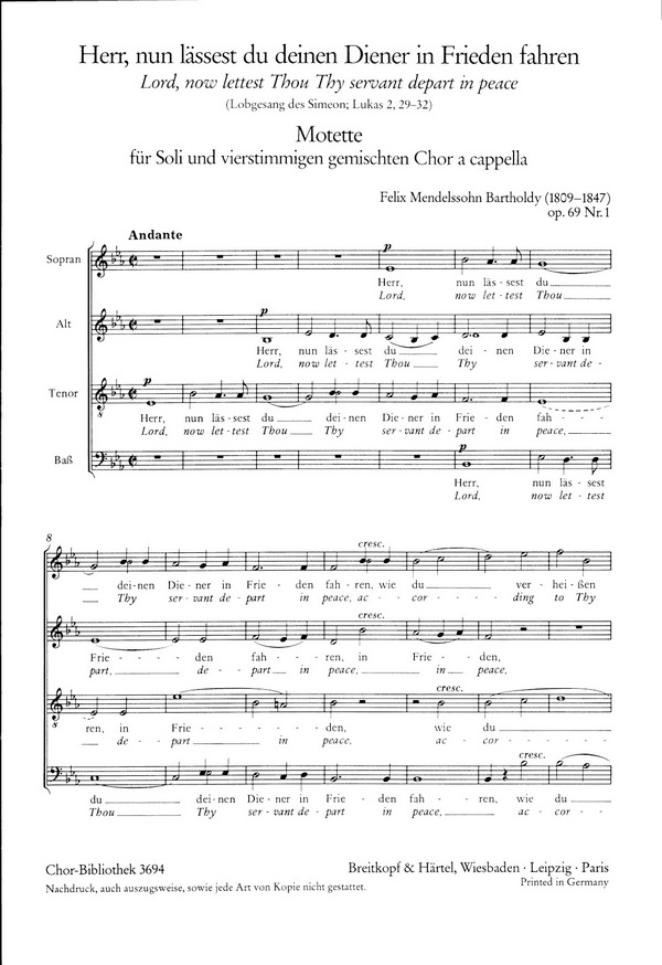 Herr, nun lässest du deinen Diener in Frieden fahren op.69,1&nbsp;&nbsp;für gem Chor a cappella&nbsp;&nbsp;Partitur