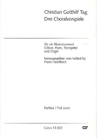 3 Choralbearbeitungen für ein&nbsp;&nbsp;Blasinstrument (Oboe, Horn, Trompete)&nbsp;&nbsp;und Orgel    Partitur und 3 Stimmen
