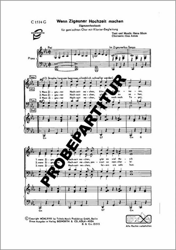 Wenn Zigeuner Hochzeit machen&nbsp;&nbsp;für gem Chor und Klavier&nbsp;&nbsp;Partitur (dt)