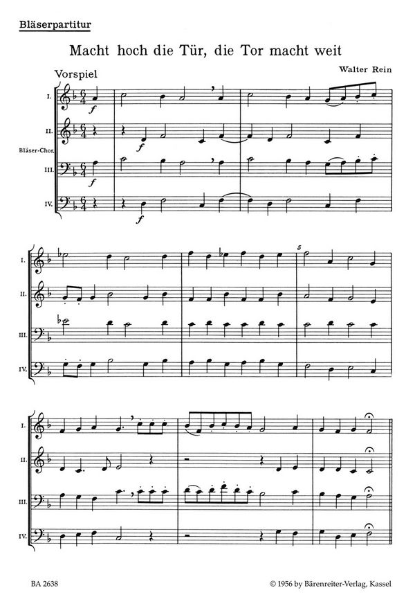 Macht hoch die Tür für gem Chor,&nbsp;&nbsp;2 Trompeten und 2 Posaunen&nbsp;&nbsp;Bläserpartitur