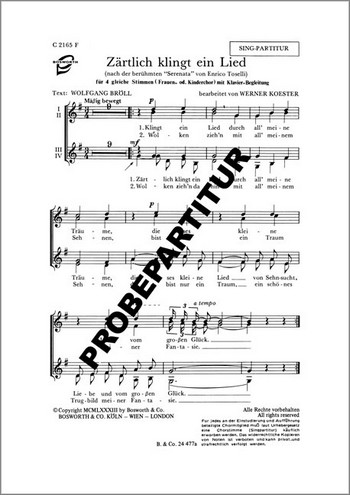 Zärtlich kliegt ein Lied&nbsp;&nbsp;für SSAA Chor und Klavier&nbsp;&nbsp;Partitur (dt)