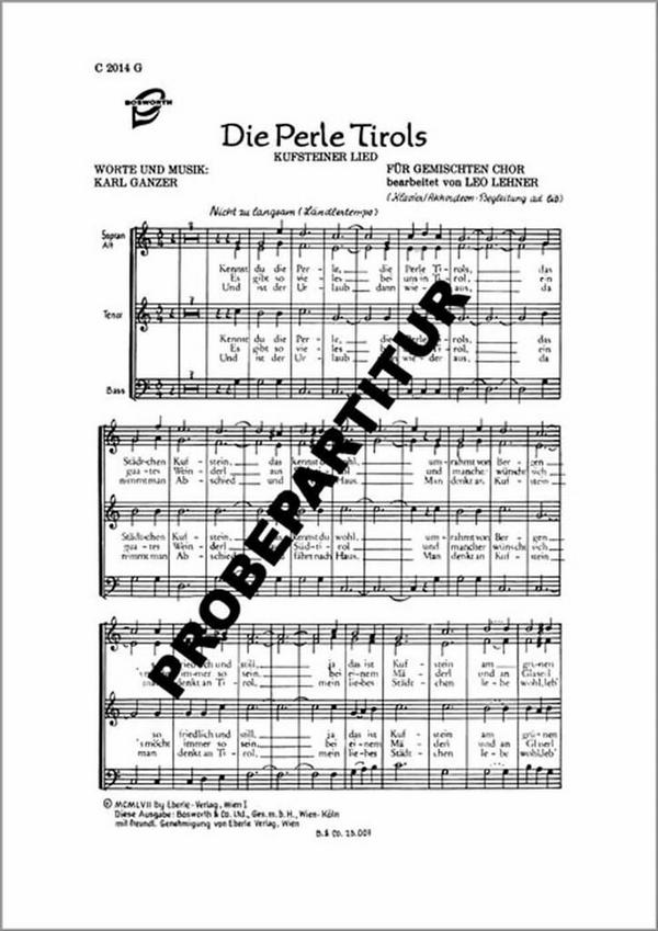 Die Perle Tirols&nbsp;&nbsp;für gem Chor und Klavier&nbsp;&nbsp;Chorpartitur
