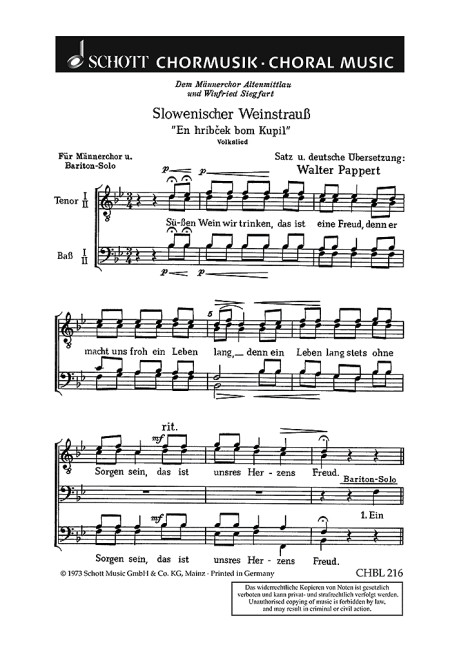 Slowenischer Weinstrauss&nbsp;&nbsp;für Männerchor (TTBB) und Solo (Bar)&nbsp;&nbsp;Chorpartitur