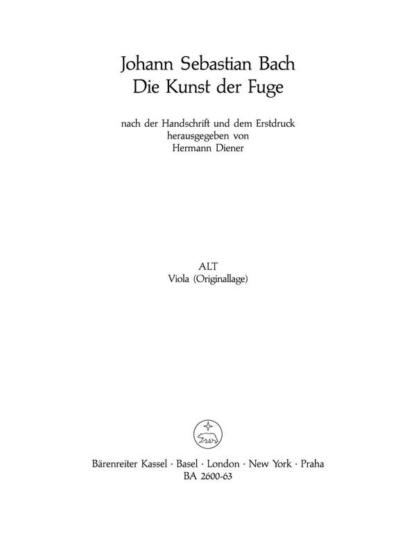 Die Kunst der Fuge BWV1080&nbsp;&nbsp;Alt (Viola, Originallage)&nbsp;&nbsp;