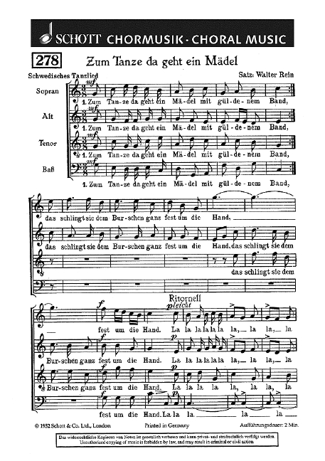 Zum Tanze da geht ein Mädel&nbsp;&nbsp;für gemischten Chor (SATB)&nbsp;&nbsp;Chorpartitur