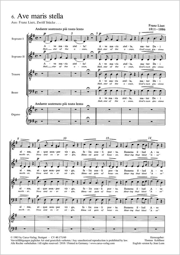 Ave maris stella aus  12 Stücke (für SSTB Chor und  Orgel)       Partitur (la/en)