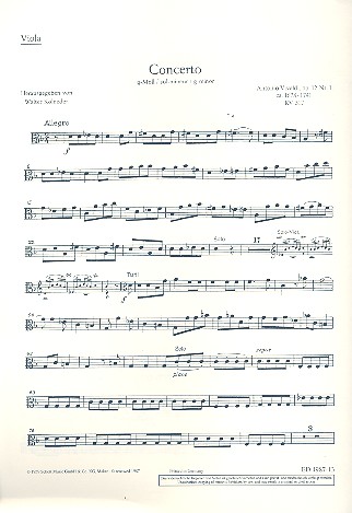 Concerto g-Moll op. 12/1 RV 317 / PV 343&nbsp;&nbsp;für Violine, Streichorchester und Cembalo (Klavier)&nbsp;&nbsp;Einzelstimme - Viola