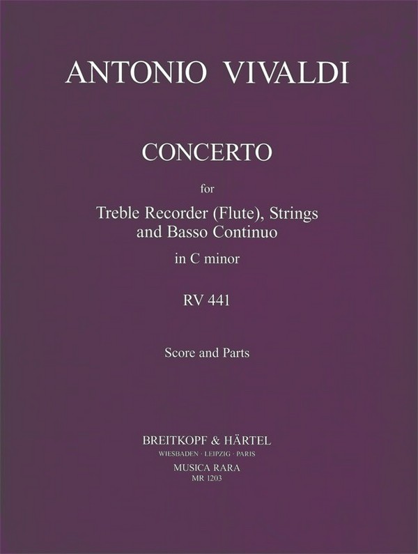 Flötenkonzert in c RV441&nbsp;&nbsp;for treble recorder (fl), strings, bc&nbsp;&nbsp;Partitur und Stimmen