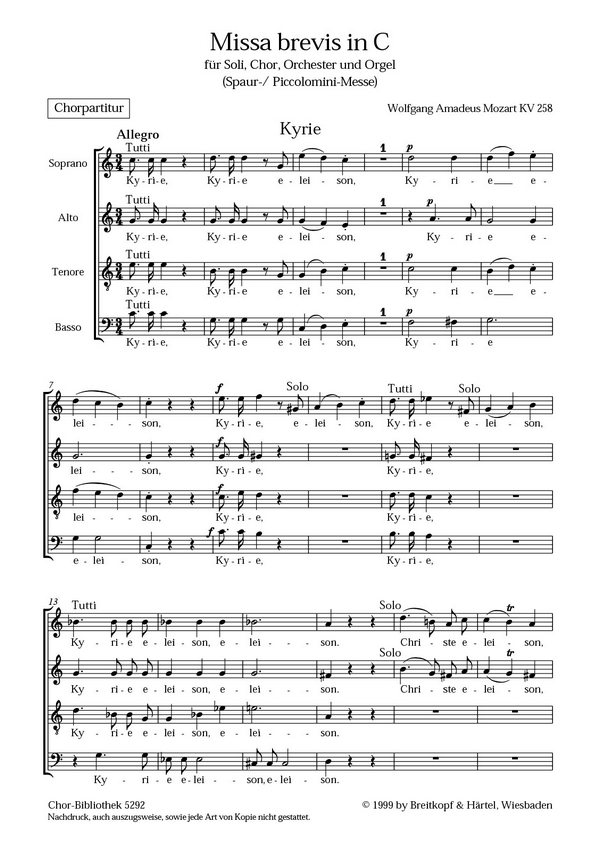 Missa C-Dur KV258&nbsp;&nbsp;für Soli (SATB), Chor und Orchester&nbsp;&nbsp;Chorpartitur