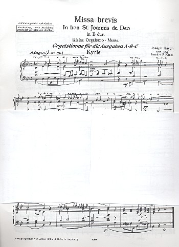 Missa brevis B-Dur 'in honorem sancti Joannes de deo'&nbsp;&nbsp;für gem Chor, Streicher und Orgel&nbsp;&nbsp;Orgelauszug (= Orgelstimme für Ausgaben A,, B unc C)