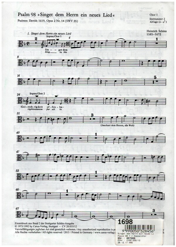 Singet dem Herrn ein neues Lied&nbsp;&nbsp;Psalm 98 für Doppelchor&nbsp;&nbsp;Chor 1, Instrument 2