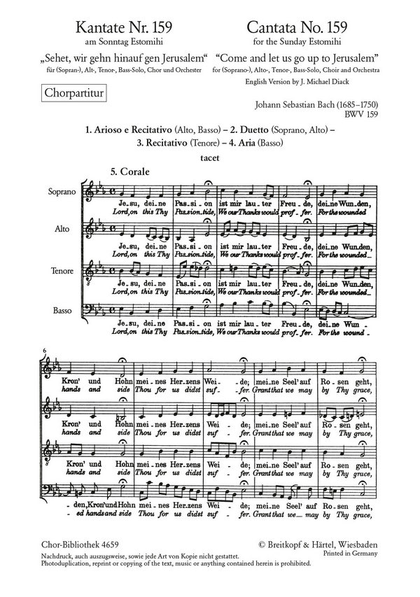 Sehet, wir gehen hinauf gen Jerusalem - Kantate Nr.159 BWV159&nbsp;&nbsp;für Soli, gem Chor und Orchester&nbsp;&nbsp;Chorpartitur