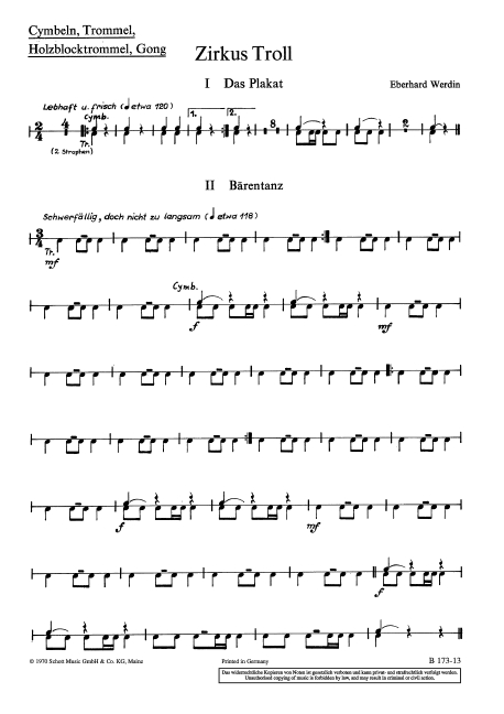 Zirkus Troll  für Kinderchor (SMez) mit Instrumenten (2 Sopran-Blockflöten, Stabspie  Einzelstimme - Schlagzeug