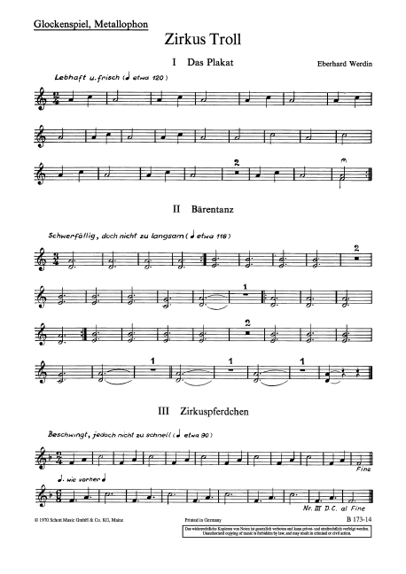 Zirkus Troll  für Kinderchor (SMez) mit Instrumenten (2 Sopran-Blockflöten, Stabspie  Einzelstimme - Glockenspiel/Metallophon