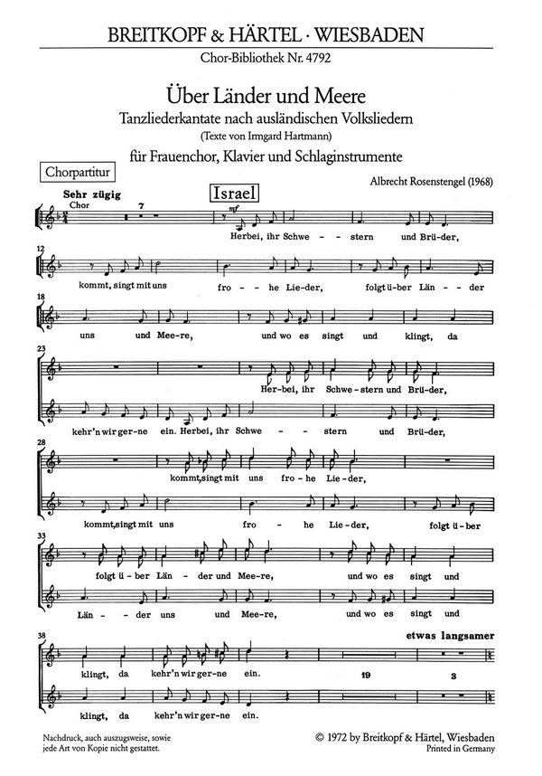 Über Länder und Meere&nbsp;&nbsp;für Frauenchor, Klavier und Schlagzeug&nbsp;&nbsp;Chorpartitur