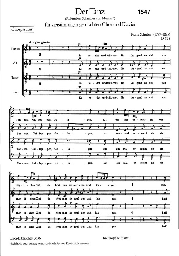 Der Tanz D826&nbsp;&nbsp;für gem Chor und Klavier&nbsp;&nbsp;Chorpartitur