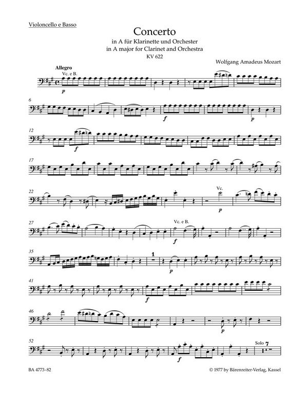 Konzert A-Dur KV622&nbsp;&nbsp;für Klarinette und Orchester&nbsp;&nbsp;Cello/Bass