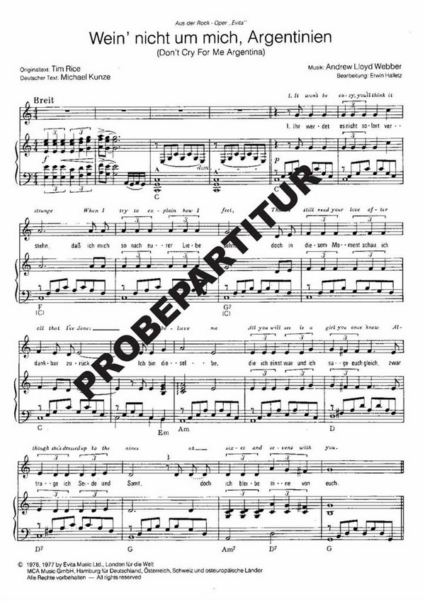 Wein nicht um mich Argentinien&nbsp;&nbsp;für gem Chor und Klavier&nbsp;&nbsp;Klavierpartitur (dt/en)