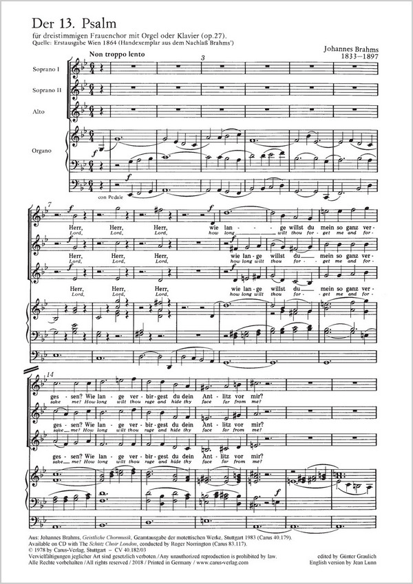 HERR WIE LANGE WILLST DU&nbsp;&nbsp;OP.27 FUER FRAUENCHOR UND&nbsp;&nbsp;ORGEL,  ORGELAUSZUG