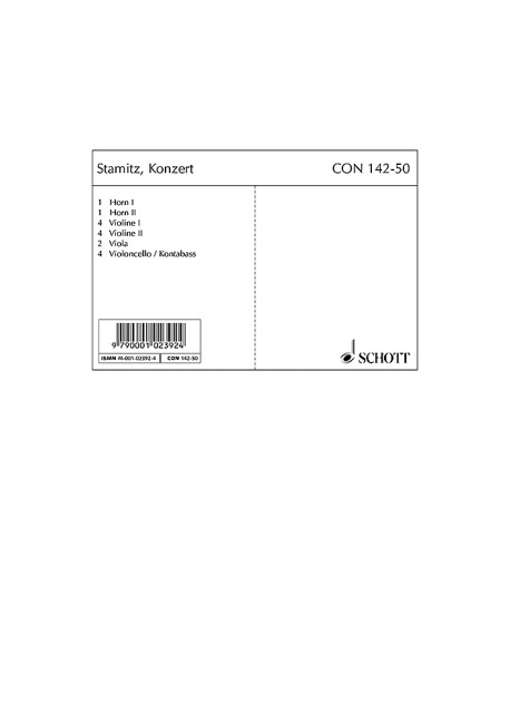 Konzert G-Dur&nbsp;&nbsp;für Violine und Streichorchester, 2 Hörner ad libitum&nbsp;&nbsp;Stimmensatz - Hn-g I, Hn-g II, 4 V I, 4 Vn II, 2 Va, 4 Vc/Kb