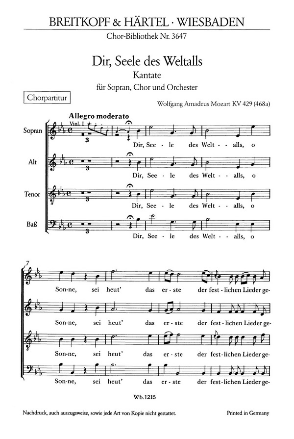 Dir, Seele des Weltalls KV429 - Kantate&nbsp;&nbsp;für Sopran, gem Chor und Orchester&nbsp;&nbsp;Chorpartitur