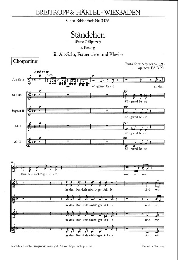 Ständchen D921 op.135&nbsp;&nbsp;für Alt, Frauenchor und Klavier&nbsp;&nbsp;Chorpartitur (dt)