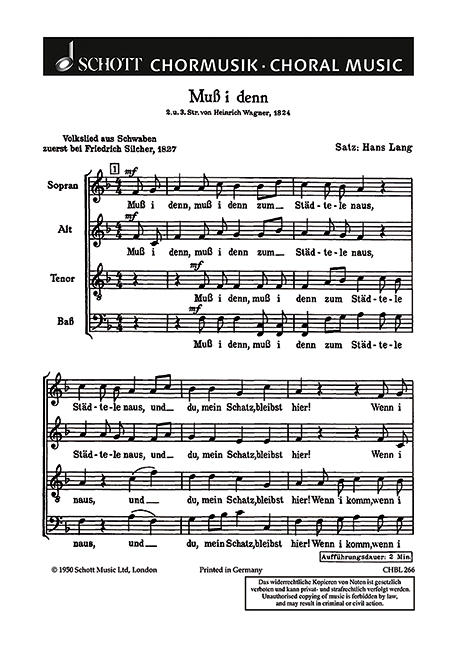 Muss i denn  für gemischten Chor (SATB)  Chorpartitur