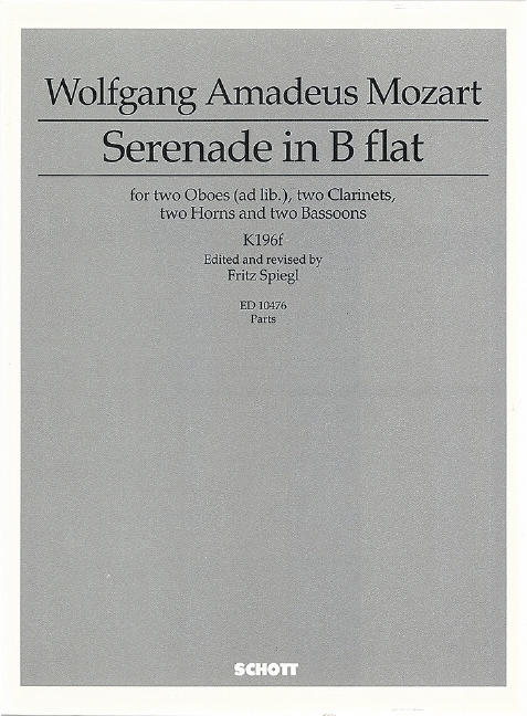 Serenade b flat major KV196F&nbsp;&nbsp;for 2 oboes, 2 clarinets, 2 horns and 2 bassoons&nbsp;&nbsp;parts