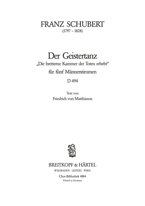Der Geistertanz D494&nbsp;&nbsp;für TTBBB&nbsp;&nbsp;Chorpartitur