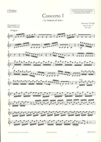 Concerto Nr. 1 F-Dur op. 10/1 RV 433/PV 261&nbsp;&nbsp;für Flöte (Alt-Blockflöte), Streichorchester und Basso continuo&nbsp;&nbsp;Einzelstimme - Violine I
