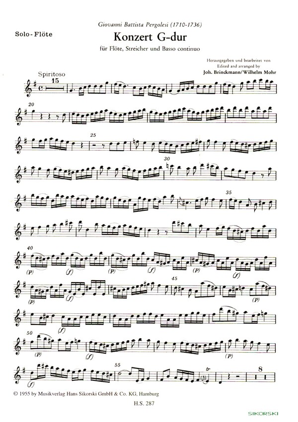Konzert G-Dur für Flöte,  2 Violinen und Bc  Flöte solo