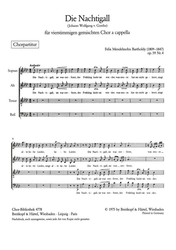 Die Nachtigall op.59,4&nbsp;&nbsp;für gem Chor a cappella&nbsp;&nbsp;Chorpartitur