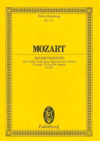 Divertimento in D Major no.7 KV205:  for violin, viola, bass, bassoon and two horns,  Miniature score