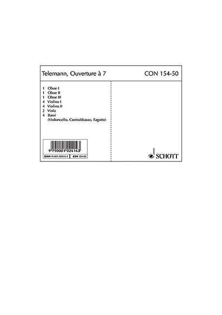 Ouverture à 7&nbsp;&nbsp;für 3 Oboen, 2 Violinen, Viola und Basso continuo, Cembalo (Klavier), &nbsp;&nbsp;Stimmensatz - Oboe I/II/III, 4 Violinen I/II, 2 Violen, 4 Bassi