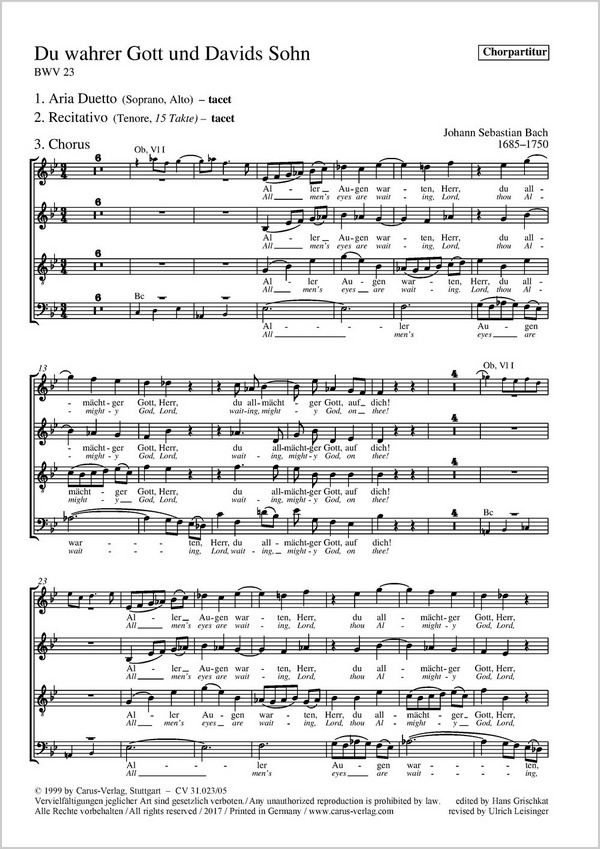 Du wahrer Gott und Davids Sohn&nbsp;&nbsp;Kantate Nr.23 BWV23&nbsp;&nbsp;Chorpartitur
