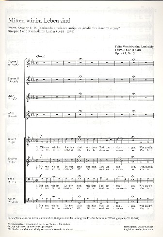 Mitten wir im Leben sind op.23.3&nbsp;&nbsp;für gem Chor (SSAATTBB)&nbsp;&nbsp;a cappella,  Singpartitur (DT/EN)